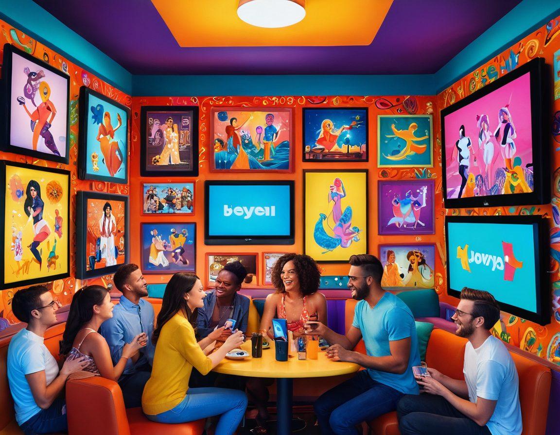 A whimsical scene depicting diverse joyful individuals sharing content in a vibrant, creative environment. Colorful screens displaying various forms of adult entertainment surround them, with each person illuminating a unique expression of bliss and connection. Incorporate elements of eclectic art styles and playful motifs to emphasize exploration and joyfulness. super-realistic. vibrant colors. dynamic composition.