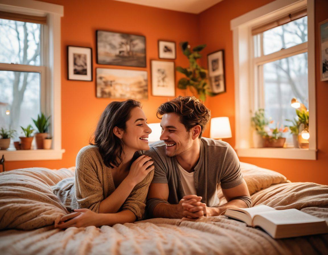 A joyful couple engaging with each other in a cozy, warmly lit room, surrounded by playful decor symbolizing adult content platforms, such as playful art and books. Their expressions reflect satisfaction and delight, emphasizing connection and happiness. Include soft, inviting colors and an ambiance that evokes a sense of intimacy and excitement. The scene should feel modern yet comfortable, drawing the viewer into the experience. cozy, romantic, super-realistic, vibrant colors.
