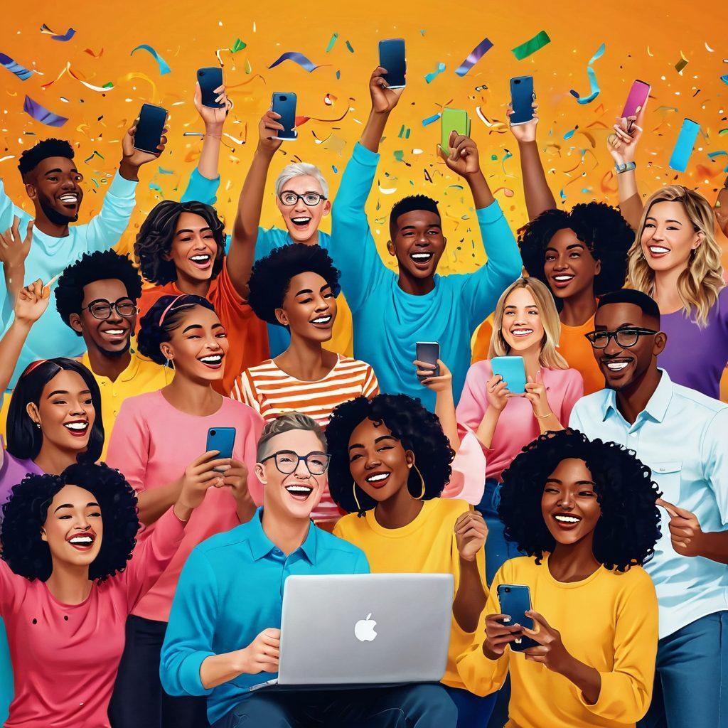 A vibrant and colorful illustration of a diverse group of adults celebrating together, showcasing joyful expressions and engaging with various forms of media (like smartphones, laptops, etc.). The background features a playful and cheerful atmosphere with confetti and streamers, symbolizing community and inclusivity. Incorporate elements of laughter and connection, highlighting the positive impact of adult media on relationships. super-realistic. vibrant colors. cheerful theme.